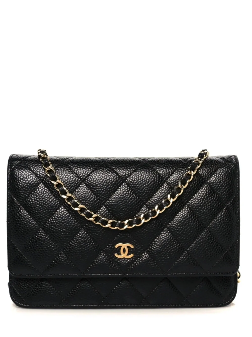 CHANEL | WOC | CHANEL Black Quilted Leather Chain Wallet with Gold Hardware